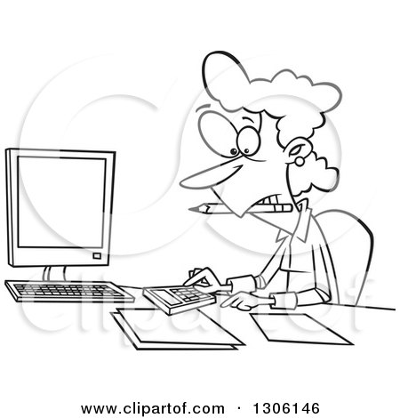 Lineart Clipart of a Cartoon Black and White Female Accountant Working Hard at Her Desk - Royalty Free Outline Vector Illustration by toonaday