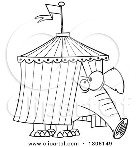 Lineart Clipart of a Cartoon Black and White Circus Elephant Stuck in a Big Top Tent - Royalty Free Outline Vector Illustration by toonaday