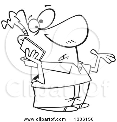 Lineart Clipart of a Cartoon Black and White Confused Shrugging Man Talking on a Smart Cell Phone - Royalty Free Outline Vector Illustration by toonaday