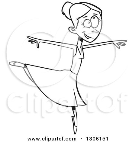 Lineart Clipart of a Cartoon Black and White Graceful Ballerina Dancer in Action - Royalty Free Outline Vector Illustration by toonaday