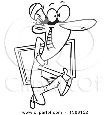 Lineart Clipart of a Cartoon Black and White Hasty Grinning Male Burglar Carrying a Painting - Royalty Free Outline Vector Illustration by toonaday