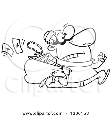 Lineart Clipart of a Cartoon Black and White Hasty Male Burglar Running with a Sack of Stolen Goods - Royalty Free Outline Vector Illustration by toonaday