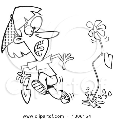 Lineart Clipart of a Cartoon Black and White Flower Springing up and Scaring a Woman in a Garden - Royalty Free Outline Vector Illustration by toonaday