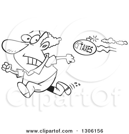 Lineart Clipart of a Cartoon Black and White Tax Evasion Bomb Flying Behind a Running Man - Royalty Free Outline Vector Illustration by toonaday