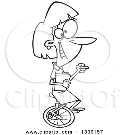 Lineart Clipart of a Cartoon Black and White Happy Female Teacher Riding a Unicycle, Holding Books and Chalk - Royalty Free Outline Vector Illustration by toonaday