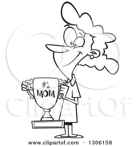 Lineart Clipart of a Cartoon Black and White Happy Mom Holding a Trophy - Royalty Free Outline Vector Illustration by toonaday