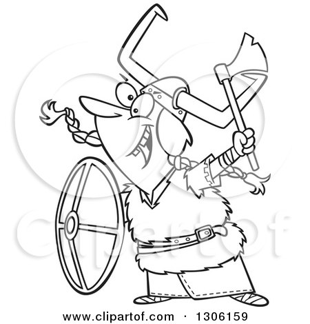 Lineart Clipart of a Cartoon Black and White Excited Female Viking Ready for Battle - Royalty Free Outline Vector Illustration by toonaday