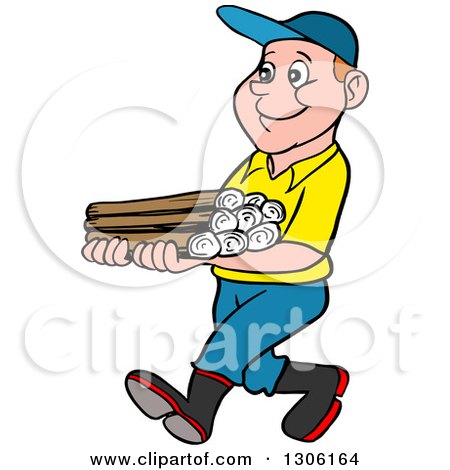 Clipart of a Cartoon Happy White Boy Walking and Carrying Firewood - Royalty Free Vector Illustration by LaffToon