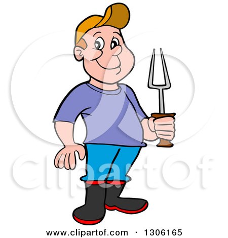 Clipart of a Cartoon Happy White Man or Boy Holding a Bbq Fork - Royalty Free Vector Illustration by LaffToon