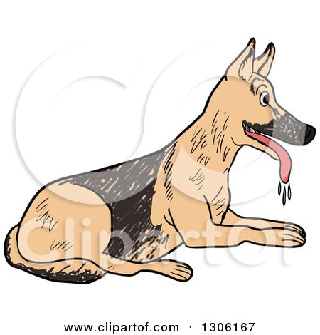 Clipart of a Sketched Resting and Panting German Shepherd Dog - Royalty Free Vector Illustration by LaffToon