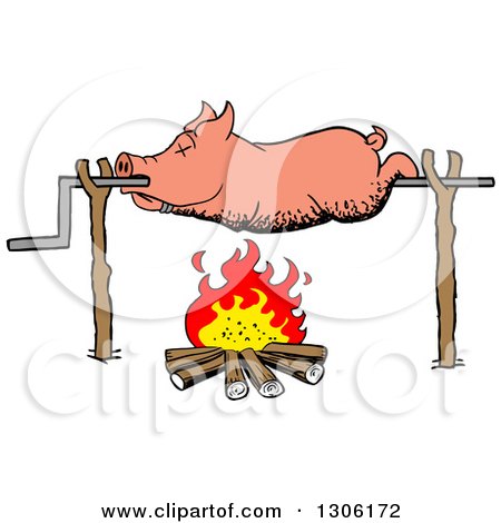 Clipart of a Cartoon Dead Pig Roasing on a Spit over a Fire - Royalty Free Vector Illustration by LaffToon