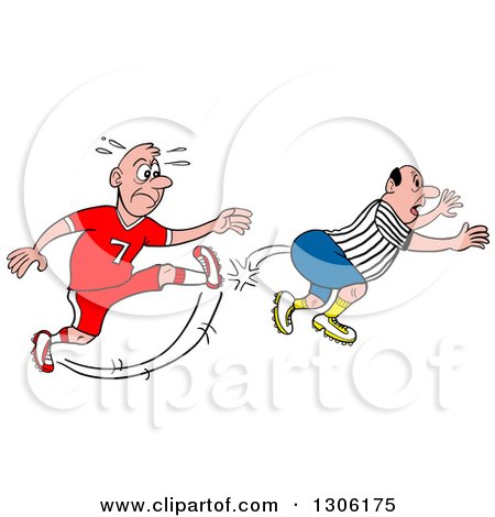 Clipart of a Mad White Male Soccer Player Kicking a Referee in the Butt - Royalty Free Vector Illustration by LaffToon