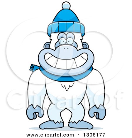 Clipart of a Cartoon Happy Yeti Abominable Snowman Monkey Wearing a Winter Hat and Scarf - Royalty Free Vector Illustration by Cory Thoman