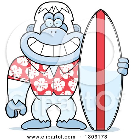 Clipart of a Cartoon Happy Grinning Yeti Abominable Snowman Monkey with a Summer Surf Board - Royalty Free Vector Illustration by Cory Thoman