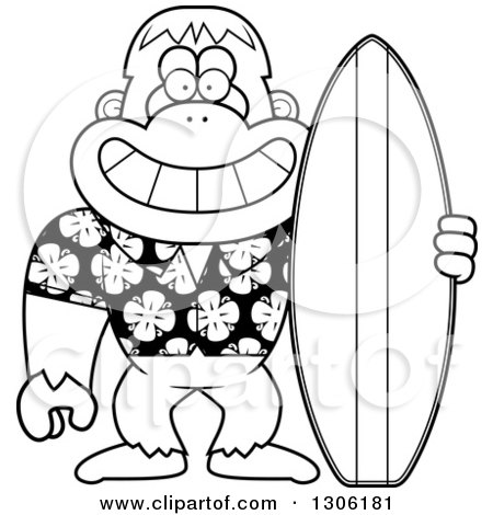 Lineart Clipart of a Cartoon Black and White Happy Grinning Yeti Abominable Snowman Monkey with a Summer Surf Board - Royalty Free Outline Vector Illustration by Cory Thoman