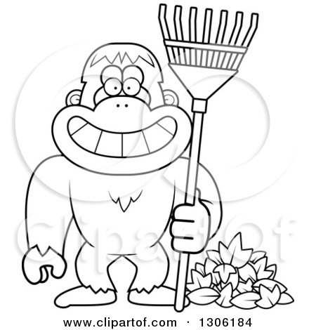 Lineart Clipart of a Cartoon Black and White Happy Grinning Yeti Abominable Snowman Monkey with a Rake and Autumn Leaves - Royalty Free Outline Vector Illustration by Cory Thoman