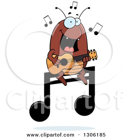 Clipart of a Cartoon Happy Flea Character Playing a Guitar on a Music Note - Royalty Free Vector Illustration by Cory Thoman