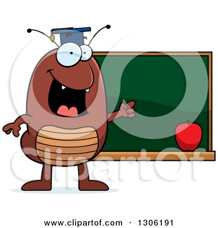 Clipart of a Cartoon Happy Flea Teacher Character Pointing to a Chalk Board - Royalty Free Vector Illustration by Cory Thoman