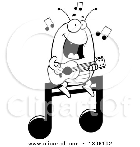 Lineart Clipart of a Cartoon Black and White Happy Flea Character Playing a Guitar on a Music Note - Royalty Free Outline Vector Illustration by Cory Thoman