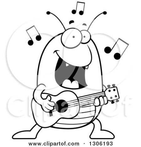 Lineart Clipart of a Cartoon Black and White Happy Flea Character Playing a Guitar - Royalty Free Outline Vector Illustration by Cory Thoman
