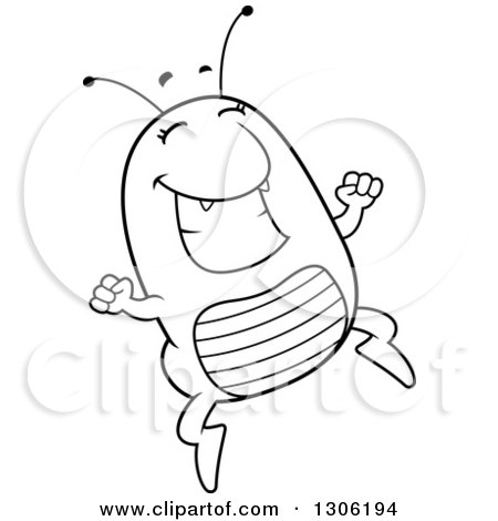 Lineart Clipart of a Cartoon Black and White Happy Flea Character Jumping with Excitement - Royalty Free Outline Vector Illustration by Cory Thoman