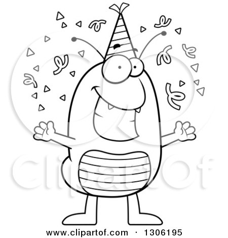 Lineart Clipart of a Cartoon Black and White Happy Flea Character Celebrating at a Party - Royalty Free Outline Vector Illustration by Cory Thoman