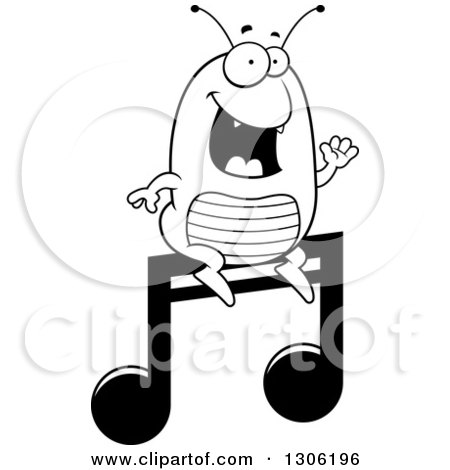 Lineart Clipart of a Cartoon Black and White Happy Flea Character Sitting on a Music Note - Royalty Free Outline Vector Illustration by Cory Thoman