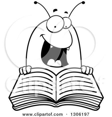 Lineart Clipart of a Cartoon Black and White Happy Flea Character Reading a Book - Royalty Free Outline Vector Illustration by Cory Thoman