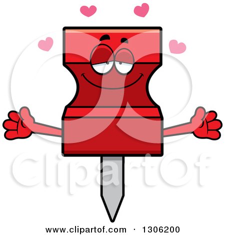 Clipart of a Cartoon Loving Red Push Pin Character Wanting a Hug, with Open Arms and Hearts - Royalty Free Vector Illustration by Cory Thoman