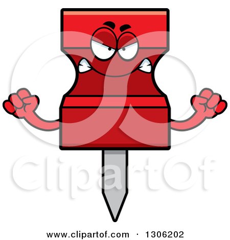 Clipart of a Cartoon Mad Red Push Pin Character Holding up Fists - Royalty Free Vector Illustration by Cory Thoman