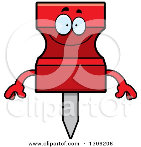 Clipart of a Cartoon Happy Red Push Pin Character Smiling - Royalty Free Vector Illustration by Cory Thoman