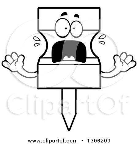 Lineart Clipart of a Cartoon Black and White Scared Push Pin Character Screaming - Royalty Free Outline Vector Illustration by Cory Thoman