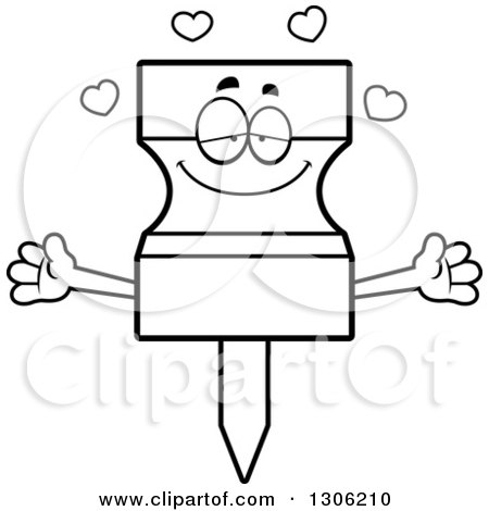 Lineart Clipart of a Cartoon Black and White Loving Push Pin Character Wanting a Hug, with Open Arms and Hearts - Royalty Free Outline Vector Illustration by Cory Thoman