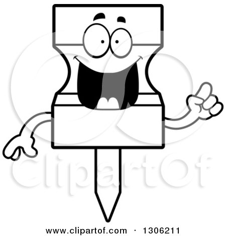 Lineart Clipart of a Cartoon Black and White Smart Push Pin Character with an Idea - Royalty Free Outline Vector Illustration by Cory Thoman