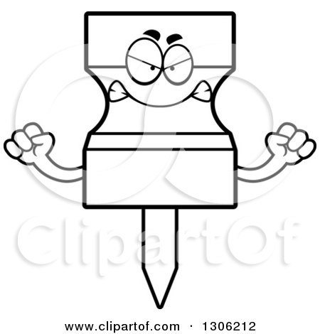 Lineart Clipart of a Cartoon Black and White Mad Push Pin Character Holding up Fists - Royalty Free Outline Vector Illustration by Cory Thoman