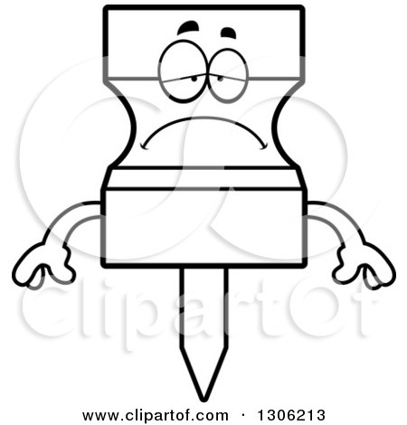 Lineart Clipart of a Cartoon Black and White Sad Depressed Push Pin Character Pouting - Royalty Free Outline Vector Illustration by Cory Thoman