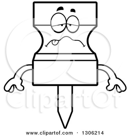 Lineart Clipart of a Cartoon Black and White Sick Push Pin Character - Royalty Free Outline Vector Illustration by Cory Thoman
