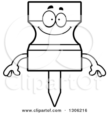 Lineart Clipart of a Cartoon Black and White Happy Push Pin Character Smiling - Royalty Free Outline Vector Illustration by Cory Thoman