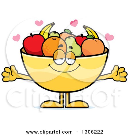 Clipart of a Cartoon Loving Fruit Bowl Character Wanting a Hug, with Open Arms and Hearts - Royalty Free Vector Illustration by Cory Thoman