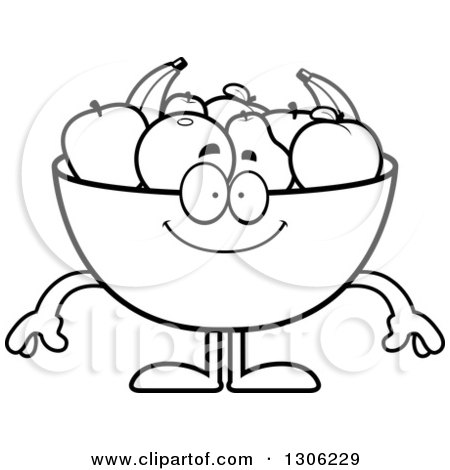 Lineart Clipart of a Cartoon Black and White Happy Fruit Bowl Character Smiling - Royalty Free Outline Vector Illustration by Cory Thoman