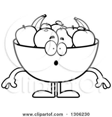 Lineart Clipart of a Cartoon Black and White Surprised Fruit Bowl Character Gasping - Royalty Free Outline Vector Illustration by Cory Thoman