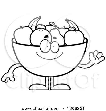 Lineart Clipart of a Cartoon Black and White Happy Friendly Fruit Bowl Character Waving - Royalty Free Outline Vector Illustration by Cory Thoman