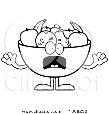 Lineart Clipart of a Cartoon Black and White Scared Fruit Bowl Character Screaming - Royalty Free Outline Vector Illustration by Cory Thoman