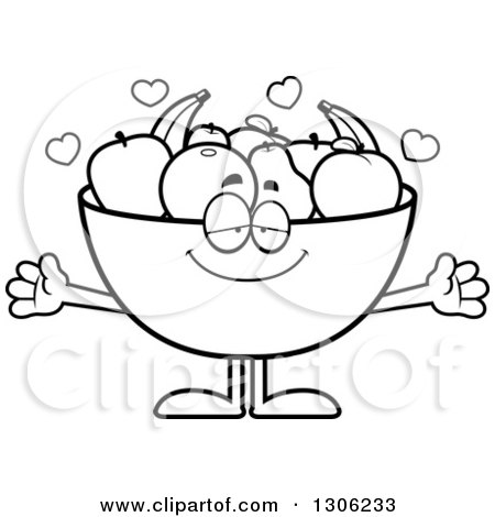 Lineart Clipart of a Cartoon Black and White Loving Fruit Bowl Character Wanting a Hug, with Open Arms and Hearts - Royalty Free Outline Vector Illustration by Cory Thoman