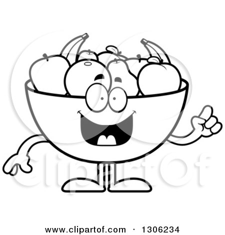 Lineart Clipart of a Cartoon Black and White Smart Fruit Bowl Character with an Idea - Royalty Free Outline Vector Illustration by Cory Thoman