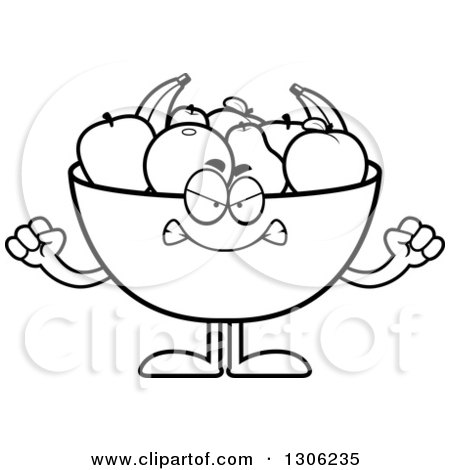 Lineart Clipart of a Cartoon Black and White Mad Fruit Bowl Character Holding up Fists - Royalty Free Outline Vector Illustration by Cory Thoman