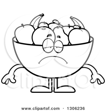 Lineart Clipart of a Cartoon Black and White Sad Depressed Fruit Bowl Character Pouting - Royalty Free Outline Vector Illustration by Cory Thoman