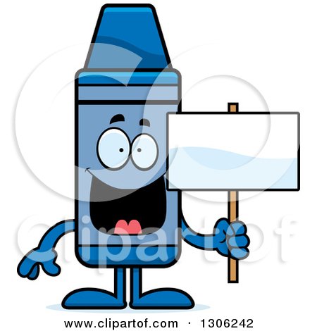 Clipart of a Cartoon Happy Blue Crayon Character Holding a Blank Sign - Royalty Free Vector Illustration by Cory Thoman
