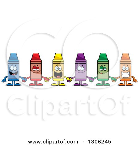 Clipart of a Cartoon Group of Happy Colorful Crayon Characters Holding Hands - Royalty Free Vector Illustration by Cory Thoman