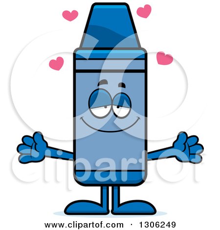 Clipart of a Cartoon Loving Blue Crayon Character Character Wanting a Hug, with Open Arms and Hearts - Royalty Free Vector Illustration by Cory Thoman